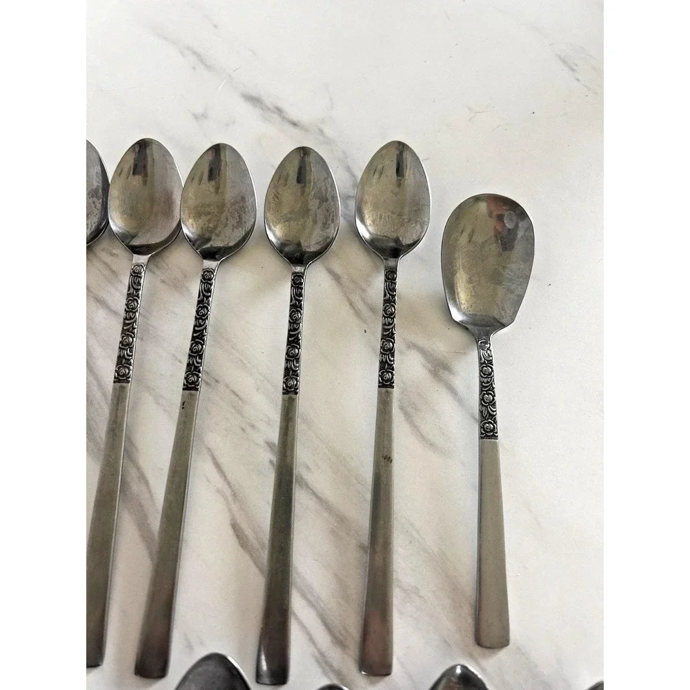 Vintage National Stainless Flatware Japan Spoons Lot of 17 Rose Serenade BxA